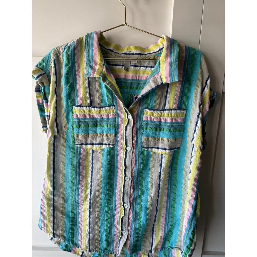 Kut from the Kloth Striped Button Down Top Short Sleeve Multicolor‎ Pleat Back L